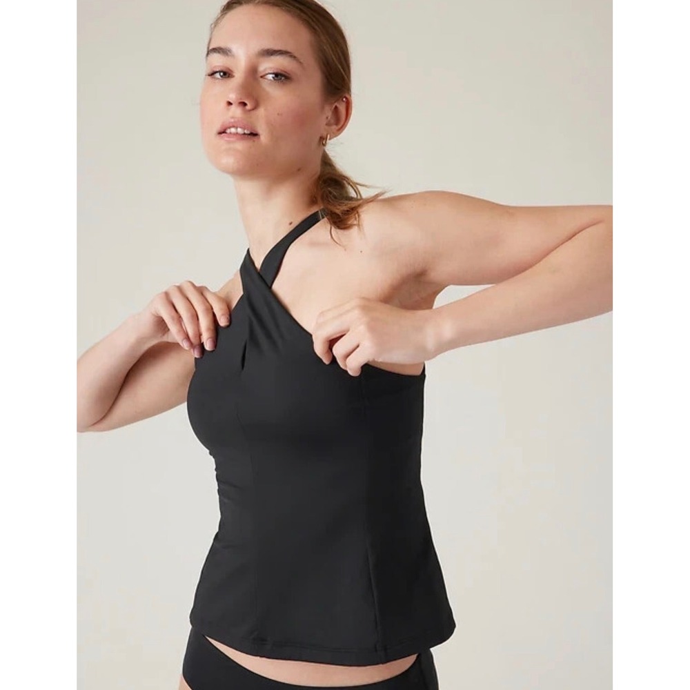 Athleta Black Cross Front Halter‎ Tankini Swim Top Keyhole S Petite